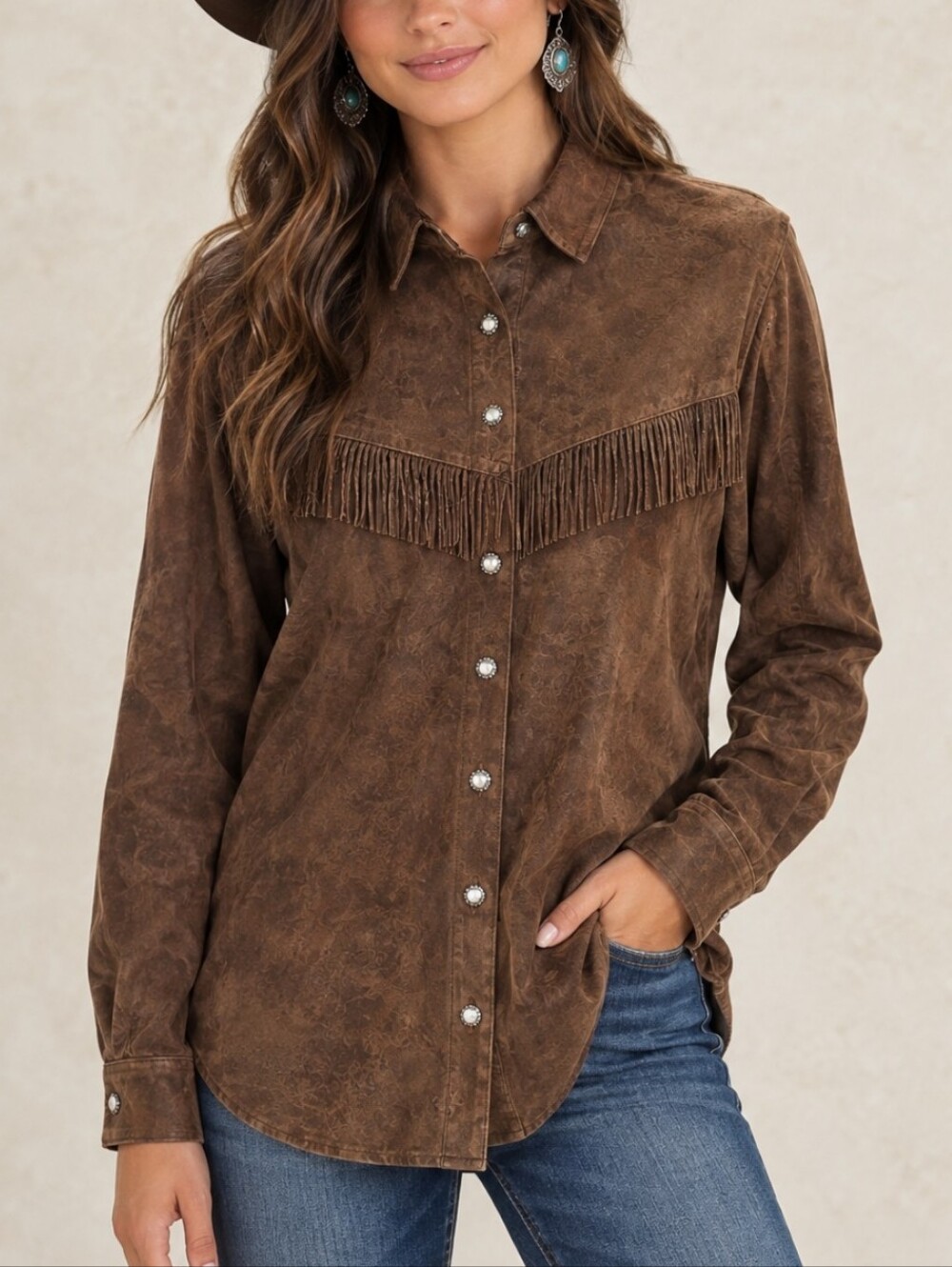 Double D Ranch Western Fringe Silver Button-Up Shirt Brown Leather